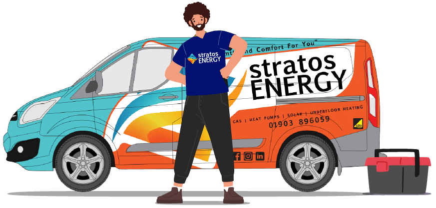 A Stratos Energy Employee standing in front of a work van